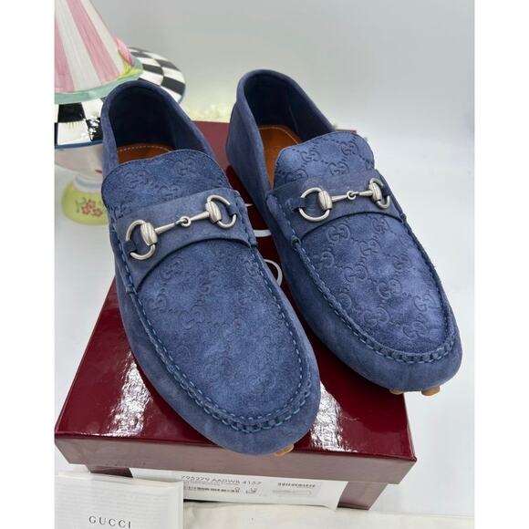 Men\'s Gucci blue suede GG embossed driver loafers size 12 fits 12.5 US main image 4